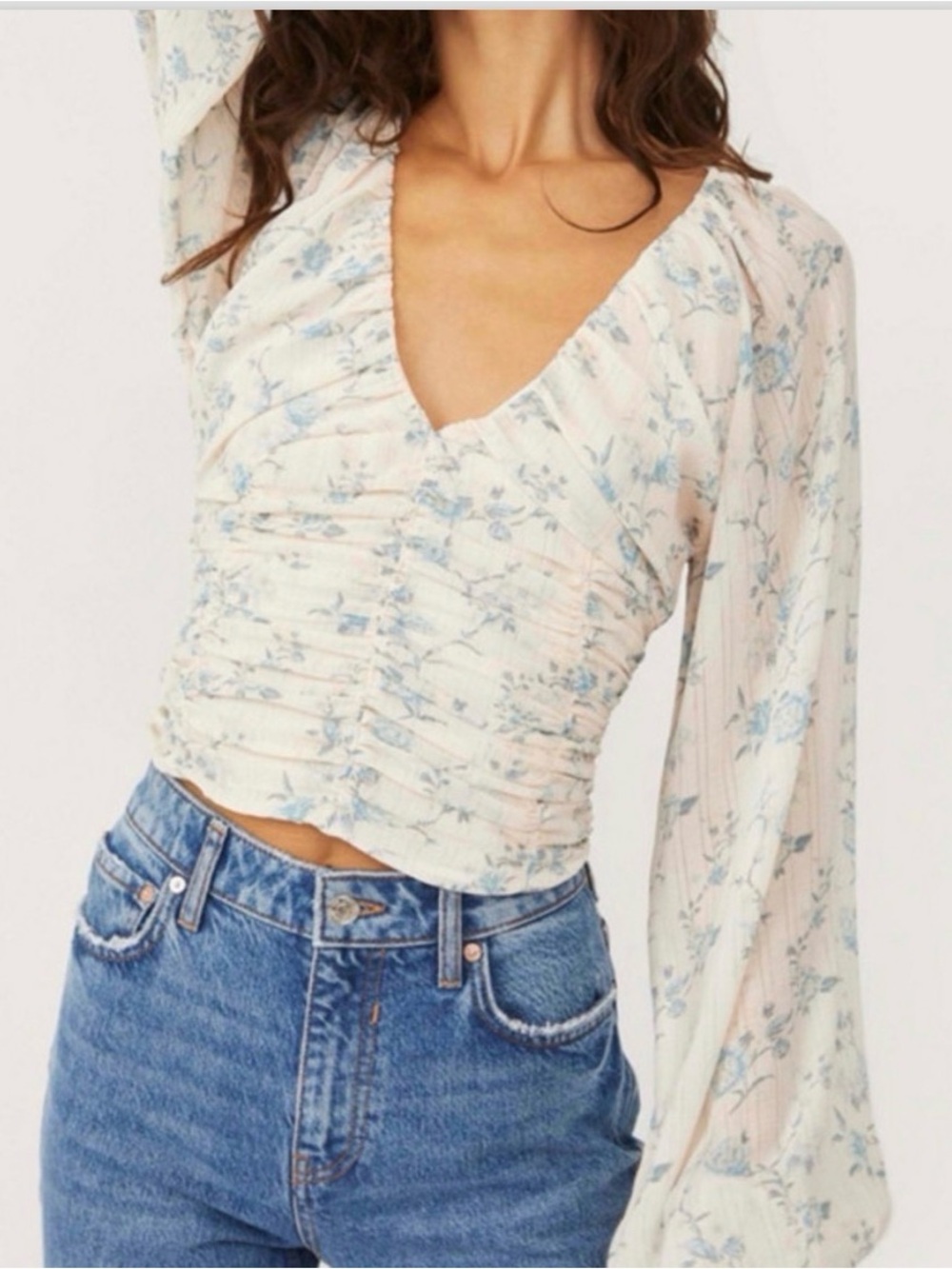 Free People Cream Blouson with Light Blue Floral Print - Picture 1 of 5